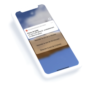 Image d'un iPhone ayant reçu une notification pour des pleurs de bébé détectés.