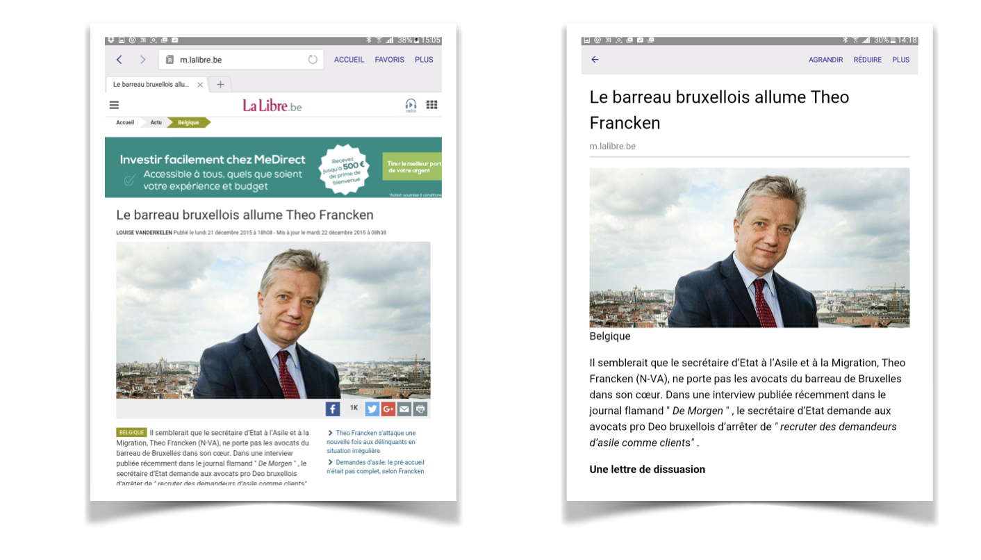 avant/après la simplification et l'épurement d'un article de presse sur le web