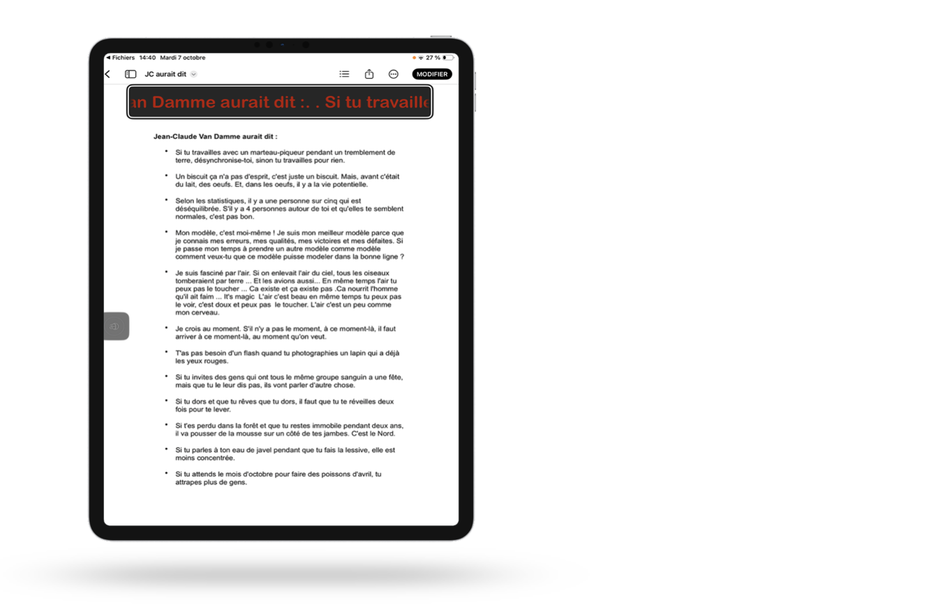 Image d'un iPad affichant le paramètre Survol de texte